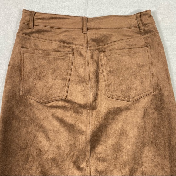 Falls Creek Faux Suede Midi Skirt Women's 8 Brown Front Slit Pockets Elegant NWT - Picture 9 of 14